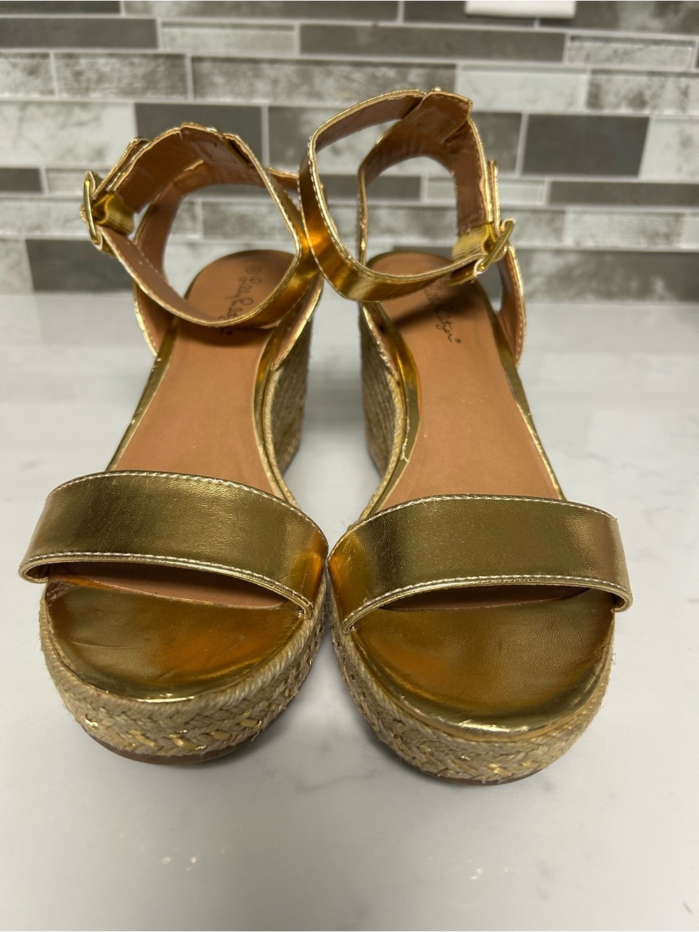Lilly Pulitzer Gold Metallic Espadrille Wedge Sandals Size 7
